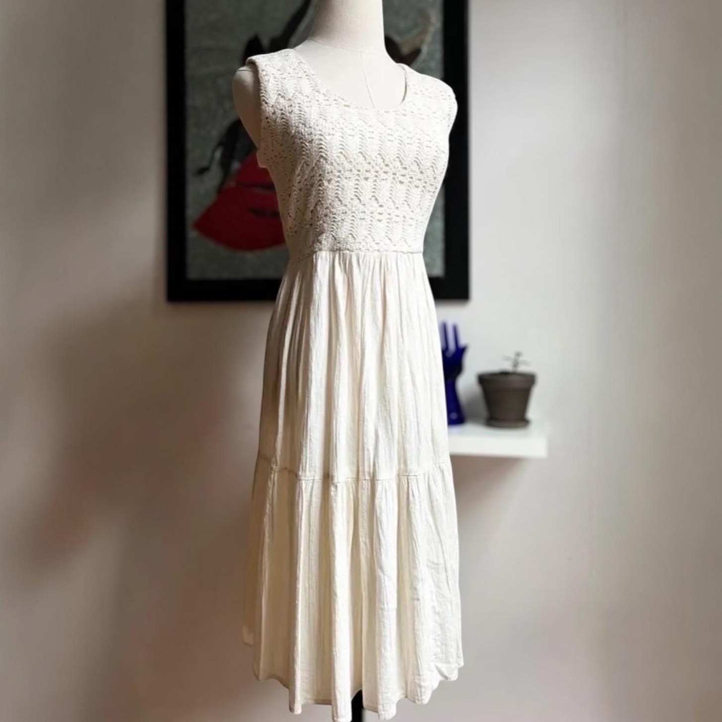 Vintage 60s Crochet Gauze Midi Dress | Ivory Cotton Lace Cottagecore Boho | M/L